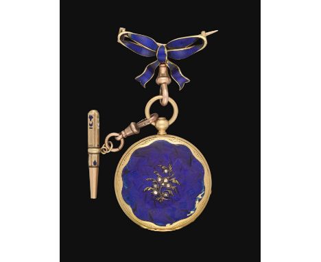 gilt finished cylinder movement, enamel dial with Roman numerals, case back with blue guilloche enamel and with a diamond set