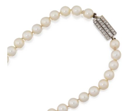 the forty-nine graduated cultured pearls knotted to a rectangular diamond clasp, comprising of three rows of eight-cut diamon