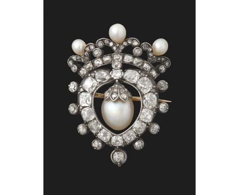 the heart-shaped frame with a coronet surmount, set throughout with cushion-shaped old mine cut and rose cut diamonds, the co