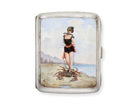 oblong, the hinged cover enamelled with a scantily clad lady astride a crab in a beach landscape90mm high, gross weight 4oz 2