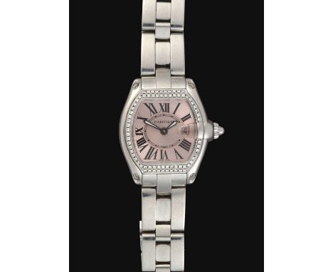 quartz battery driven movement, light pink coloured dial with Roman numerals, Cartier secret signature at 10, date aperture, 