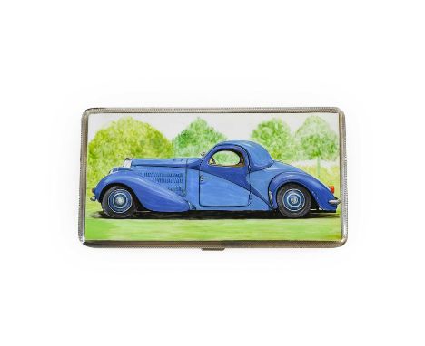 oblong, the hinged cover enamelled with a Bugatti 57 type coupe, realistically painted in two-tone blue and within a landscap