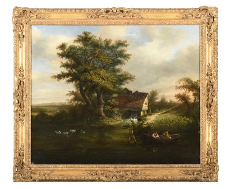 ENGLISH SCHOOL (19TH CENTURY) BOATING ON THE RIVER WITH COTTAGE BEYOND  Oil on cradled panel 64 x 76cm (25 x 29¾ in.)Provenan