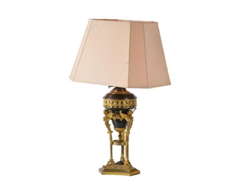 AN ORMOLU MOUNTED CONVERTED OIL LAMP LATE 19TH CENTURY  now converted to electricity  52cm to bulb socket, 68cm to top of sha
