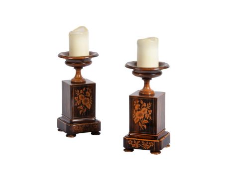 Y  A PAIR OF ROSEWOOD AND INLAID URNS ON STANDS IN CHARLES X STYLE, MID 19TH CENTURY Possibly formerly a clock garniture  28c