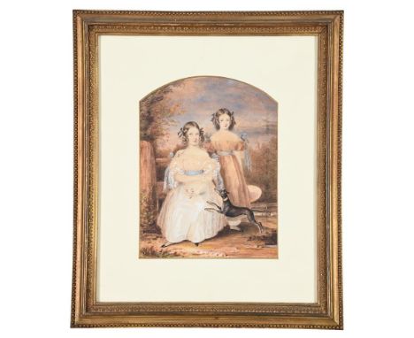 PHILIPP AUGUSTUS BARNARD (BRITISH FL. 1840-1884) HARRIET AND MARIA FRASER WITH THEIR DOG Watercolour Signed (lower right); an