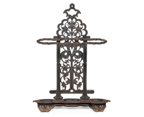 A VICTORIAN CAST IRON STICK STAND DIRECTLY AFTER A DESIGN BY COALBROOKDALE, LATE 19TH CENTURY 84cm high, 63cm wide, 27cm deep