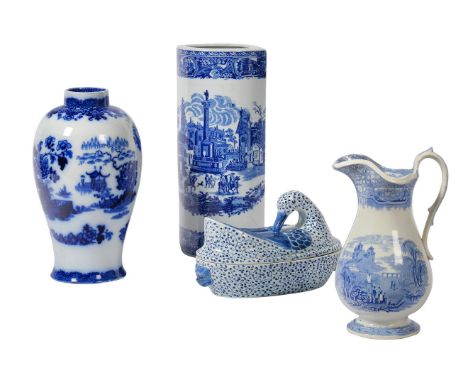 A GROUP OF FOUR BLUE AND WHITE WARES 20TH CENTURY  Including an umbrella stand, 46cm high, 19cm deep, a vase 41cm high, 22cm 
