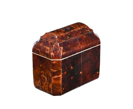 Y  A SIMULATED TORTOISESHELL AND BONE BANDED TEA CADDY 20TH CENTURY Of pagoda topped form, the lid enclosing a pair of intern