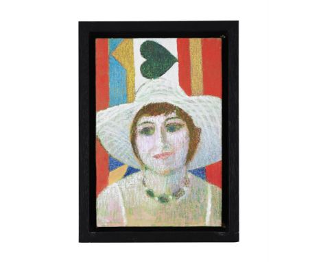 λ  EWART JOHNS (BRITISH 1923-2013) BARBARA IN PALE PINK HAT Oil on canvas laid on board Signed, titled and dated c.1981 (vers