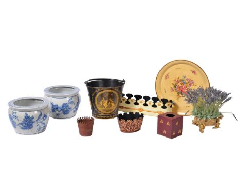 A SELECTION OF VARIOUS TOLEWARE ITEMS MODERN Some hand painted including a tray 40cm diameter, a bucket 25cm high, 27cm diame