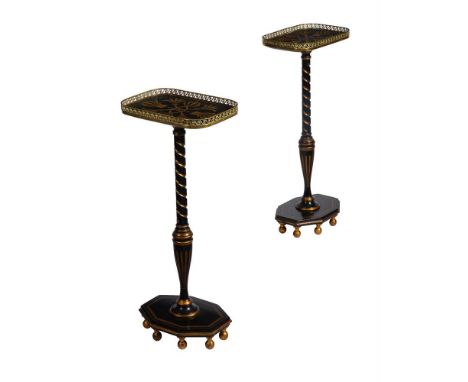 A PAIR OF BLACK AND GILT PEDESTAL SIDE TABLES IN REGENCY STYLE, 20TH CENTURYeach 74cm high, 31.5cm wide, 22cm deep Provenance
