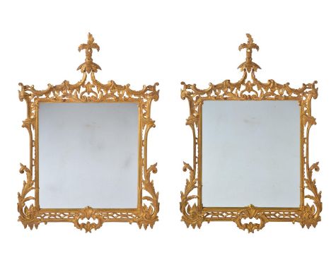 A PAIR OF GILTWOOD WALL MIRRORS IN GEORGE III 'CHIPPENDALE' TASTE  20TH CENTURY 114cm high, 80cm wide, 5cm protuberance  Prov