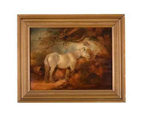 CIRCLE OF GEORGE MORLAND A GREY HORSE IN A CLEARING Oil on millboard Signed indistinctly 'G. M. ...[?]' (lower left) 29.5 x 3
