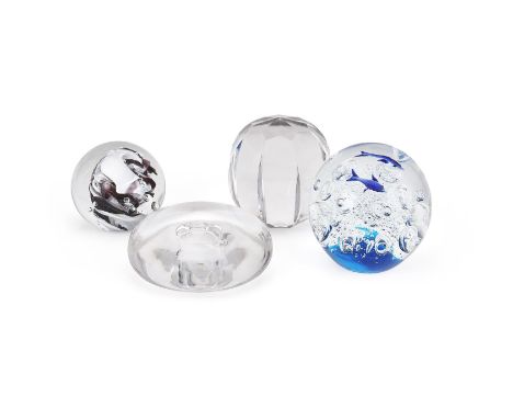 THREE VARIOUS GLASS PAPERWEIGHTS AND AN INKWELL MODERN Including one of Rolf Wald type, 10cm diameter, another decorated with
