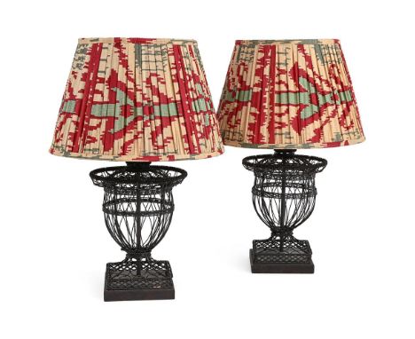 A PAIR OF WIRE LAMPS WITH WITH OKA SHADES OF RECENT MANUFACTURE 43cm high, base 16.5cm square  Condition Report:  PLEASE NOTE