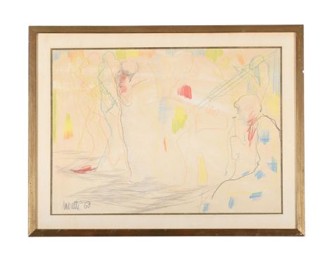 λ  RAYMOND MORETTI (FRENCH 1931-2005) UNTITLED (THE MUSICIANS) Coloured crayon Signed and dated 60 (lower left) 44 x 59cm (17