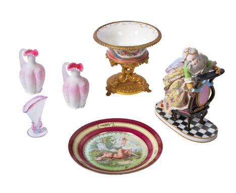 A GROUP OF CERAMICS AND GLASS 19TH CENTURY  Including a French bisque figure of a kneeling lady on a prie dieu, 28cm high, 22