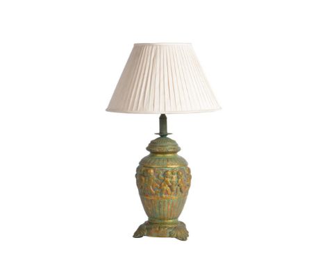 A ROCOCO STYLE GESSO TABLE LAMP WITH CHERUBS 20TH CENTURY  with gilt and simulated patinated appearance, with shade 77cm high