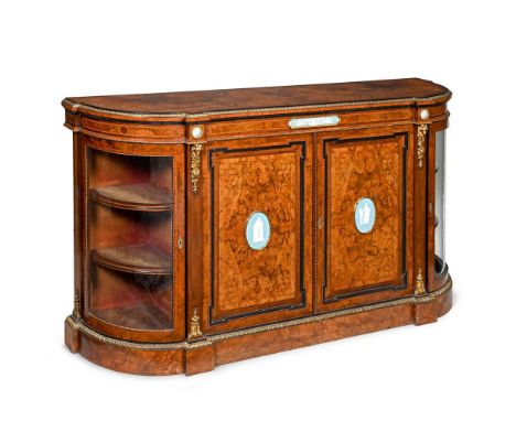 A VICTORIAN BURR WALNUT AND GILT METAL MOUNTED SIDE CABINET OR CREDENZA  CIRCA 1870 Inset with Wedgwood Jasperware type plaqu