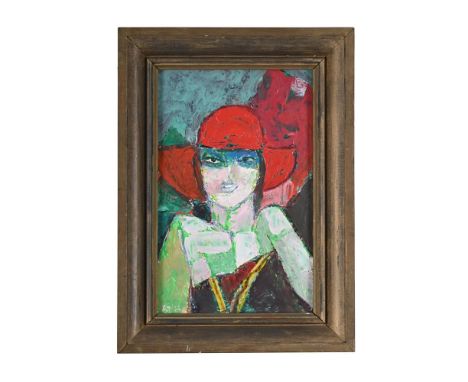 λ  EWART JOHNS (BRITISH 1923-2013) YOUNG WOMAN IN A RED HAT Oil on board Signed with initials and dated 88 (lower left), sign