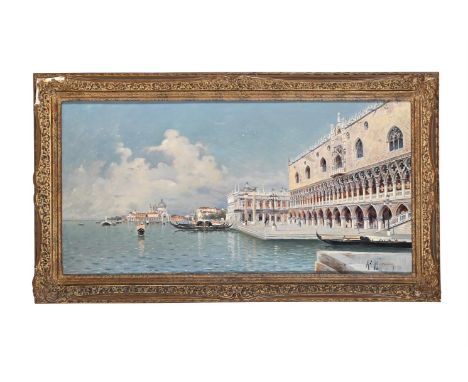 ITALIAN SCHOOL (19TH CENTURY) VIEW OF THE DOGES PALACE, VENICE Oil on canvas Indistinctly signed (lower right) 37 x 75cm (14½