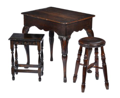 A GEORGE I OAK SIDE TABLE  CIRCA 1720 with hipped cabriole legs  66.5cm high, 70cm wide, 50cm deep  TOGETHER WITH two later o