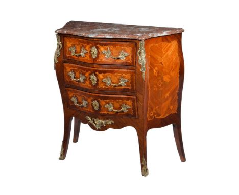 Y A KINGWOOD AND MARQUETRY INLAID PETIT COMMODE IN LOUIS XV STYLE  LATE 19TH CENTURY With arrangement of three drawers, marbl