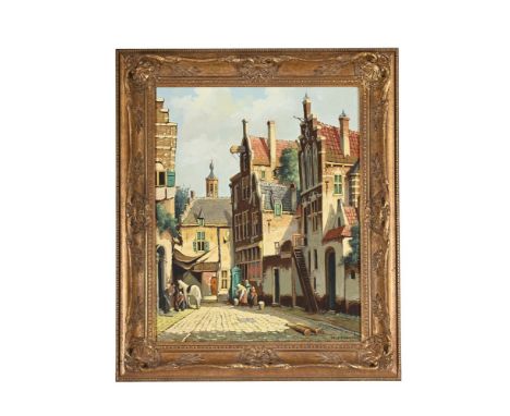 λ  PIETER CORNELIS STEENHOUWER (DUTCH 1896-1972) A COBBLED STREET WITH A WOMAN AT A PUMP Oil on canvas Signed (lower right) 4