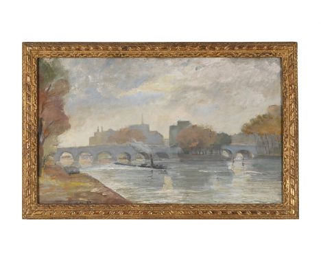 BESS (20TH CENTURY) STEAM BOAT ON THE SEINE WITH NOTRE DAME BEYOND  Oil on board Signed and dated 10.43 (lower left) 33 x 55c