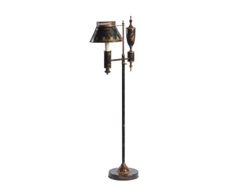 A BLACK AND GOLD TOLEWARE ADJUSTABLE FLOOR STANDING LAMP  20TH CENTURY  with simulated marble details  140cm high, 45cm diame