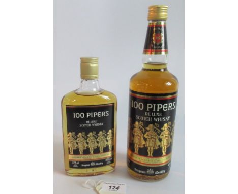 Two bottles of One Hundred Pipers De Luxe Scotch Whisky, one 75cl bottle and the other 37.5cl bottle.