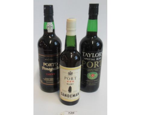 A bottle of Taylor's Special Ruby Port, together with a bottle of Tawny Port and a half bottle of Sandeman Ruby Port.