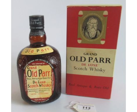 A bottle of Grand Old Parr De Luxe Scotch Whisky, blended and bottled by the Proprietors MacDonald Greenlees Limited, Distill