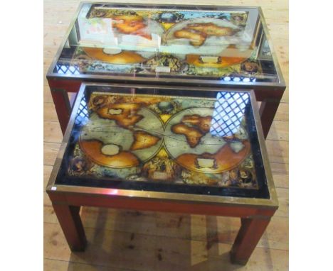 A contemporary hardwood and brass bound coffee table, with inset glass top depicting the globe, together with a smaller, simi