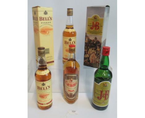 A bottle of William Grant's Finest Scotch Whisky, together with a bottle of J &amp; B Whisky and two bottles of Bell's Whisky