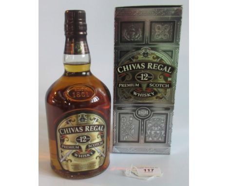 A 1 litre bottle of 12 year old Chivas Regal Premium Scotch Whisky.