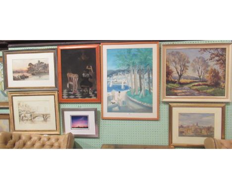 L H Turland, a contemporary framed oil on board English landscape, together with a framed and glazed print of Ludlow and six 