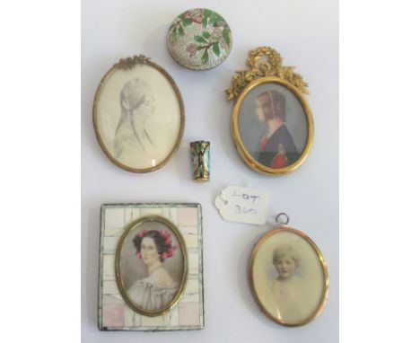 A collection of four miniature studies of various subjects, together with a cloisonne box and a thimble.