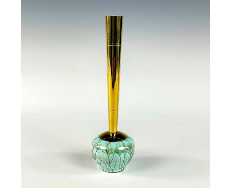 Turquoise with lustre finish and branch patterning. Round body. Narrow brass spout.Hand Painted Delft Holland on bottom. This