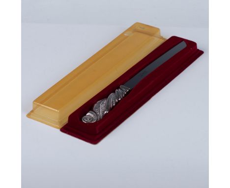 Sterling silver bread challah knife blade with Hebrew inscriptions on the handle and ram horn spiraled detail on the handle. 