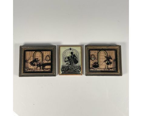 A set of 2 wooden frames featuring black and gilded scenes; First Dance Lessons, and First Music Lessons, designed by C. &amp