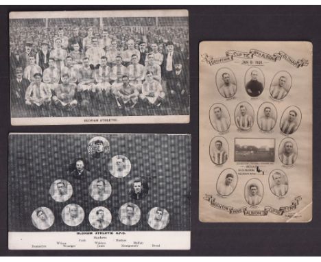 Football postcards, Oldham Athletic, 2 printed Team Group cards, one showing player portraits inset in circles, the other sho