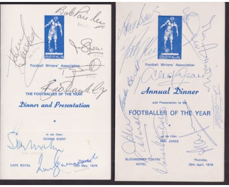 Football autographs, Football Writers Association, Footballer of the Year Annual Dinner Menus dated  29 April 1976 & 10 May 1