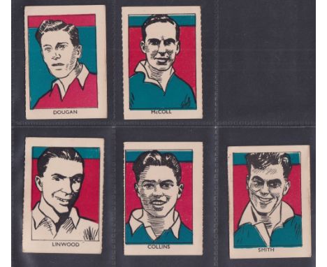 Trade cards, M M Frame, Sports Stars, Footballers, five cards, 'M' size, no 19 Dougan Hearts, no 21 Alex Linwood Clyde, no 22