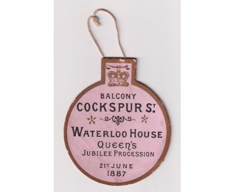 Ephemera, Queen Victoria Jubilee Procession (21st June 1887) bauble shaped pink and gold coloured card ticket/pass no.176 (ap