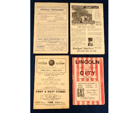 Football programmes, Hull City Aways, 1947/48 v Lincoln, York City, Stockport County (4 pages) &amp; Southport (4 pages), (mo