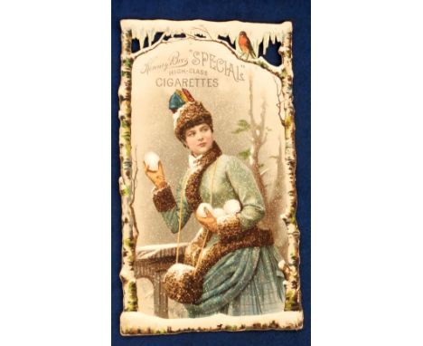 Tobacco advertising, USA, Kinney Bros., extra large advertising card with die-cut edges showing winter scene with beauty & sn