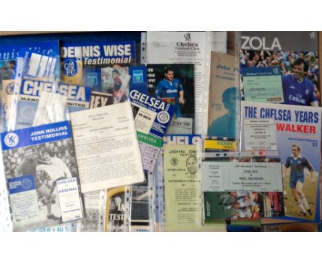 Football programmes, 29 Testimonial programmes all involving Chelsea FC, mostly 1970's onwards, several with tickets inc. hom