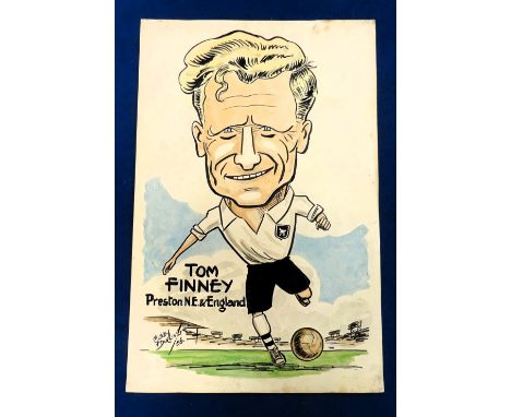 Original artwork, Tom Finney, Preston North End &amp; England, by Mickey Durling, 1956. Durling was a caricature artist who p